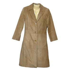 Vintage Suede Coat Kenneth Cole 90s Y2K Lightweight Leather Long Pockets Tan XS